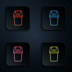 Color neon line Trash can icon isolated on black background. Garbage bin sign. Recycle basket icon. Office trash icon. Set icons in square buttons. Vector