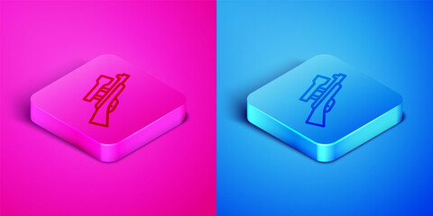 Isometric line Sniper rifle with scope icon isolated on pink and blue background. Square button. Vector