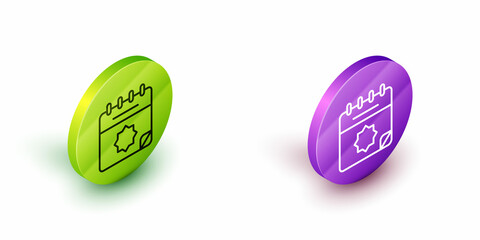 Isometric line Ramadan calendar icon isolated on white background. Ramadan kareem and Islamic symbols. Green and purple circle buttons. Vector