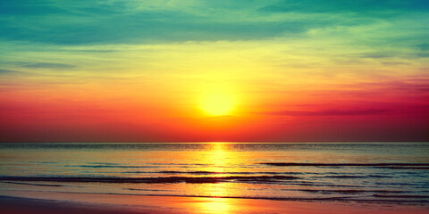 Beautiful sunset panorama, tropical island beach landscape, sunrise seascape, blue sea water, ocean...
