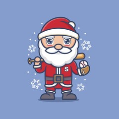 cute cartoon santa claus becomes baseball player. vector illustration for mascot logo or sticker