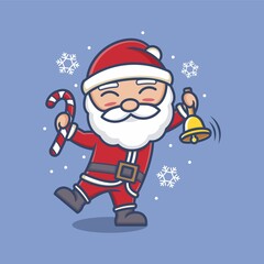 cute cartoon santa claus holding candy and christmas bell. vector illustration for mascot logo or sticker