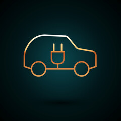 Gold line Electric car and electrical cable plug charging icon isolated on dark blue background. Renewable eco technologies. Vector