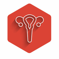 White line Female reproductive system icon isolated with long shadow background. Anatomy. Gynecology. Woman health. Red hexagon button. Vector