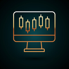 Gold line Computer with stocks market growth graphs and money icon isolated on dark blue background. Monitor with stock charts arrow on screen. Vector