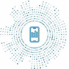 Blue line Mobile phone with graph chart icon isolated on white background. Report text file. Accounting sign. Audit, analysis, planning. Abstract circle random dots. Vector
