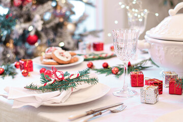 Table set for festive Christmas holiday dinner celebration