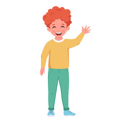 Little boy with dental braces. Boy smiling and waving hand. Elementary school student. Vector illustration