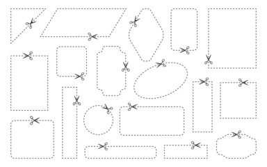 Empty coupon borders with thin dotted line. Set of different shapes square, rectangle with cut lines. Open scissor for cutting discount coupon. Cut out paper, tag Isolated on white vector illustration