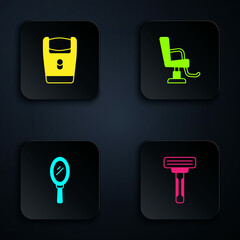 Set Shaving razor, Electric blade, Hand mirror and Barbershop chair. Black square button. Vector