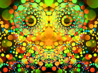 Creación de arte digital fractal compuesto de figuras redondas coloridas y luminosas formando un conjunto parecido a una fiesta de esferas organizadas simétricamente.