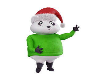 Funny 3d character in Santa Claus hat, 3d render. A fat panda shows a gesture of peace. Christmas character isolated on a white background