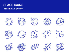 Simple set of related outline icons on white background for web design. Contains such icons as earth, moon, solar system, meteor, black hole and more. 48x48 pixel perfect. Editable blue stroke.