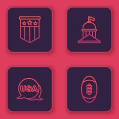 Set line American flag, USA Independence day, White House and Football ball. Blue square button. Vector