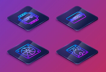 Set Isometric line Processor with CPU, Computer cooler, SSHD card and Hard disk drive HDD. Blue square button. Vector