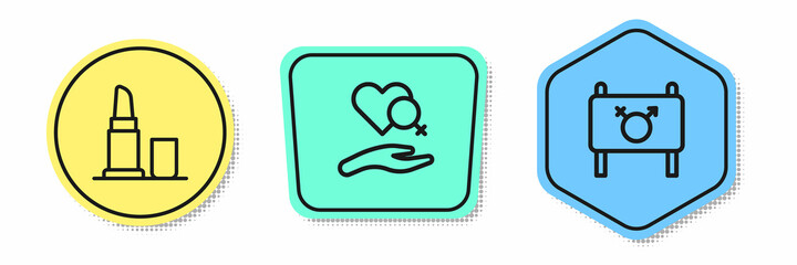 Set line Lipstick, Heart with female gender and Feminist activist. Colored shapes. Vector