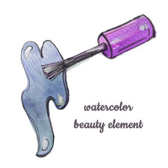 Nail polish gel splash and brush watercolor drawing on white background. Watercolour gray, purple and violet blot colors