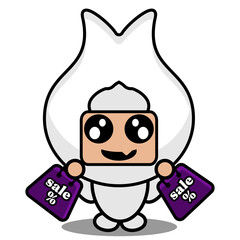 cartoon vector cute gum tooth mascot costume character holding two discount selling bags