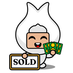 cute gum tooth mascot costume character cartoon vector holding a sold board and holding a banknote