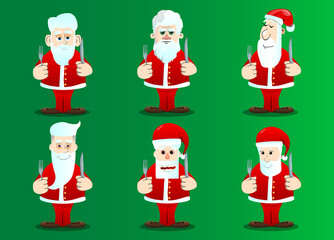 Santa Claus in his red clothes with white beard holding up a knife and fork. Vector cartoon character illustration.