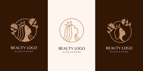 set of queen Beauty woman logo. SPA, Hairdressing girl Logotype concept icon linear style