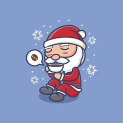 cute cartoon santa claus enjoying a cup of coffee. vector illustration for mascot logo or sticker