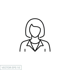 Business woman thin line icon. Female employee, businesswoman avatar, user symbol. Simple outline style linear stroke, manager, people, person silhouette, head pictogram. Vector design isolated EPS 10