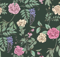 Victorian garden seamless botanical pattern. Dark green background with flowers for textiles and wallpaper