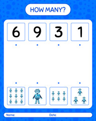 How many counting game with robot toy. worksheet for preschool kids, kids activity sheet