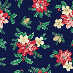 poinsettia frangipani and pine bouquet all over design