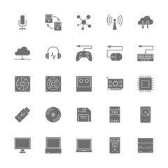 Set of Computer Components Grey Icons. System Unit, Console, Server and more.
