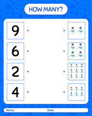 How many counting game with snowman. worksheet for preschool kids, kids activity sheet