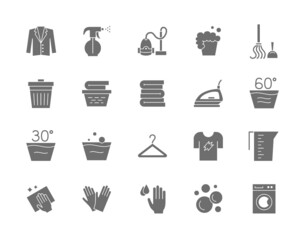 Set of Laundry Grey Icons. Washing Machine, Gloves, T-shirt, Hanger and more.