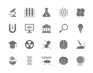 Naklejka premium Set of Science Grey Icons. School Globe, Professor, Evolution, Dna and more.