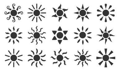 Sun rays stamp boho tattoo ethnic black silhouette set. Trendy sticker weather symbol stylized design mystical decor cover sticker social network stories collage minimal print ethno isolated on white