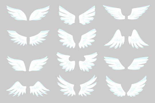 Angel wing white bird emblem flight sticker flat set. Vintage badge freedom decoration. Heraldic tattoo symbol. Air sky logo tribal sticker. Empty simple contour of different shapes isolated on white