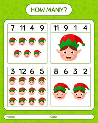 How many counting game with elf. worksheet for preschool kids, kids activity sheet