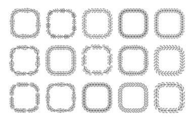 Natural frame leaf square floral black line set. Plant pattern award success win. Heraldic vintage badge frame tattoo. Spring summer invitation card logo. Circular shape achievement isolated on white