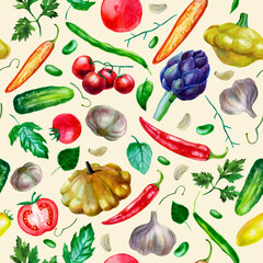 Watercolor illustration. Pattern from vegetables on a beige background. Corn, garlic, pepper, eggplant, herbs, broccoli, tomato, peas, parsley, onion.
