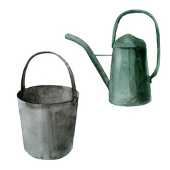 Watercolor illustration. Image of a bucket and watering can. Garden inventory.