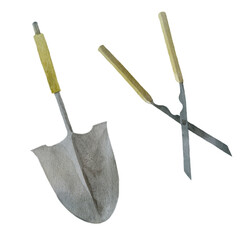 Watercolor illustration. Image of a shovel and pruner. Garden shovel and scissors. Garden inventory.