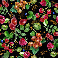 Watercolor illustration, pattern. Berries on black background. Raspberries, raspberries on a twig, pink spots.