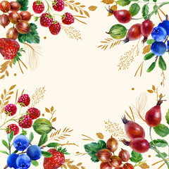 Watercolor illustration. Summer frame made of berries and leaves. Raspberries, currants, gooseberries, strawberries, barberries, blueberries, rose hips.