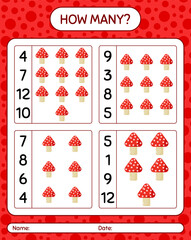 How many counting game with mushroom. worksheet for preschool kids, kids activity sheet