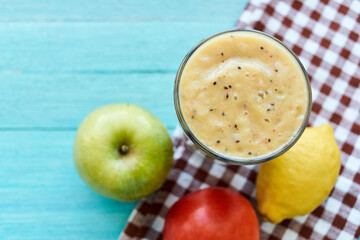 fruit smoothie dessert cocktail drink vitamins top view