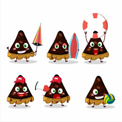 Happy Face slice of pecan pie cartoon character playing on a beach