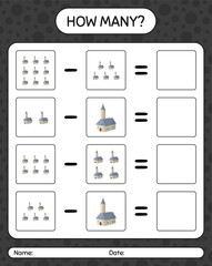 How many counting game with church. worksheet for preschool kids, kids activity sheet