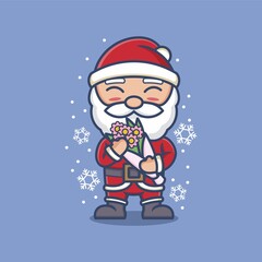 cute cartoon santa claus carrying flowers. vector illustration for mascot logo or sticker