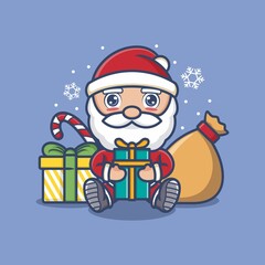 cute cartoon santa claus with christmas gifts. vector illustration for mascot logo or sticker