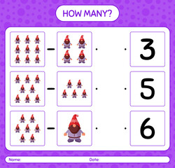 How many counting game with gnome. worksheet for preschool kids, kids activity sheet